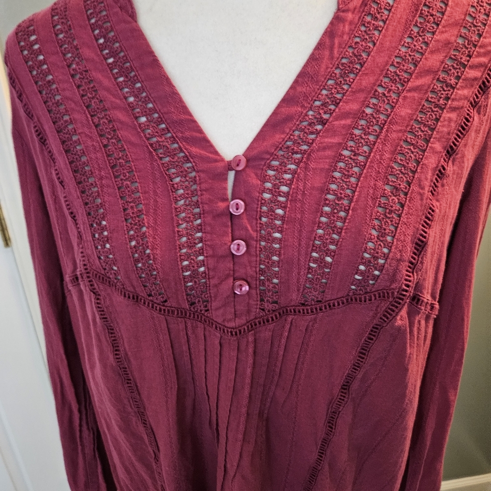 Free People Deep Pink V-Neck Eyelet Blouse Women's Size Small S - Picture 5 of 16